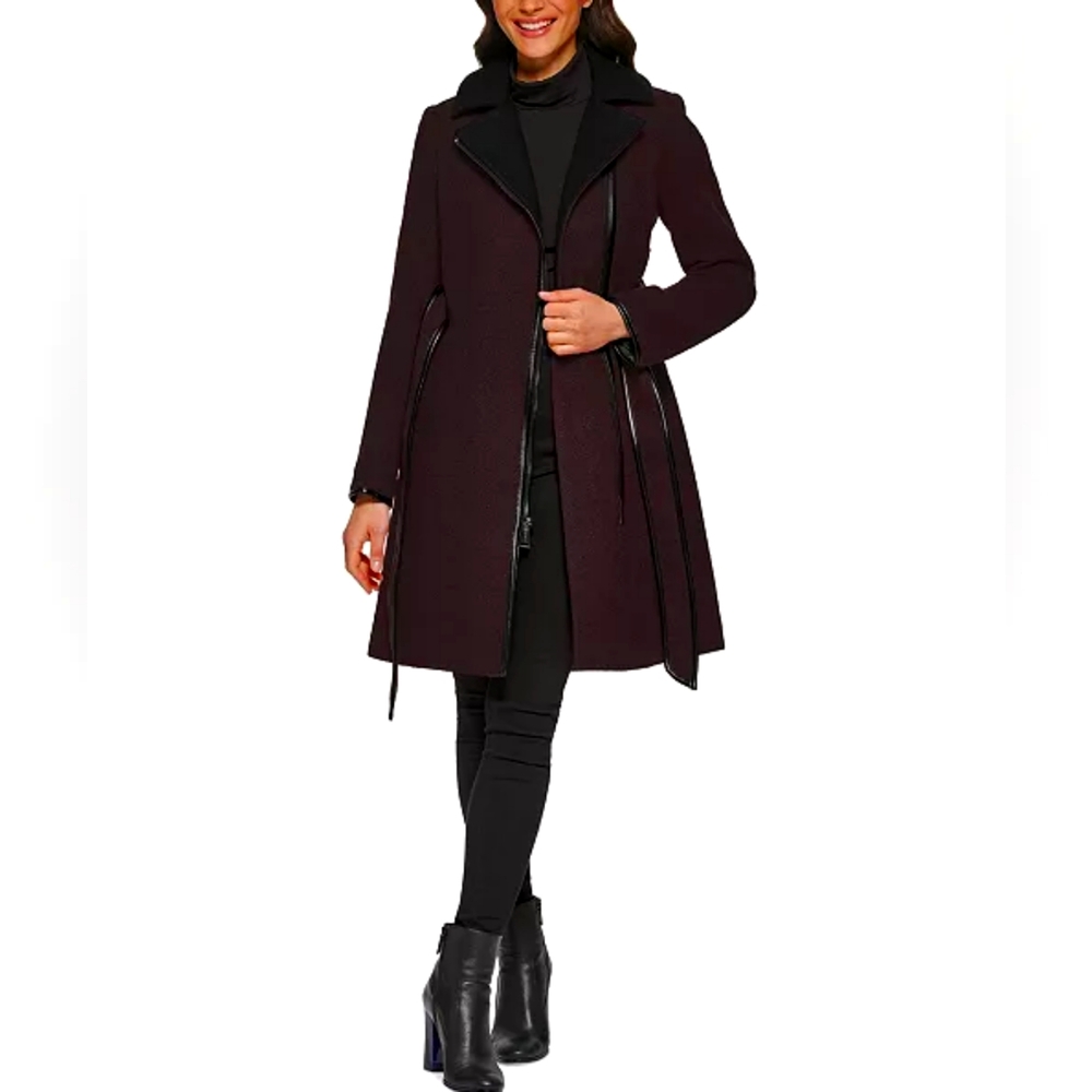 NWT GUESS Women's Asymmetrical-Zipper Coat Port Wine XL Wool Belted - Port Wine
